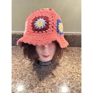 CROCHET Pink BUCKET HAT Adorable Boho Multicolored flowers Granny Squares